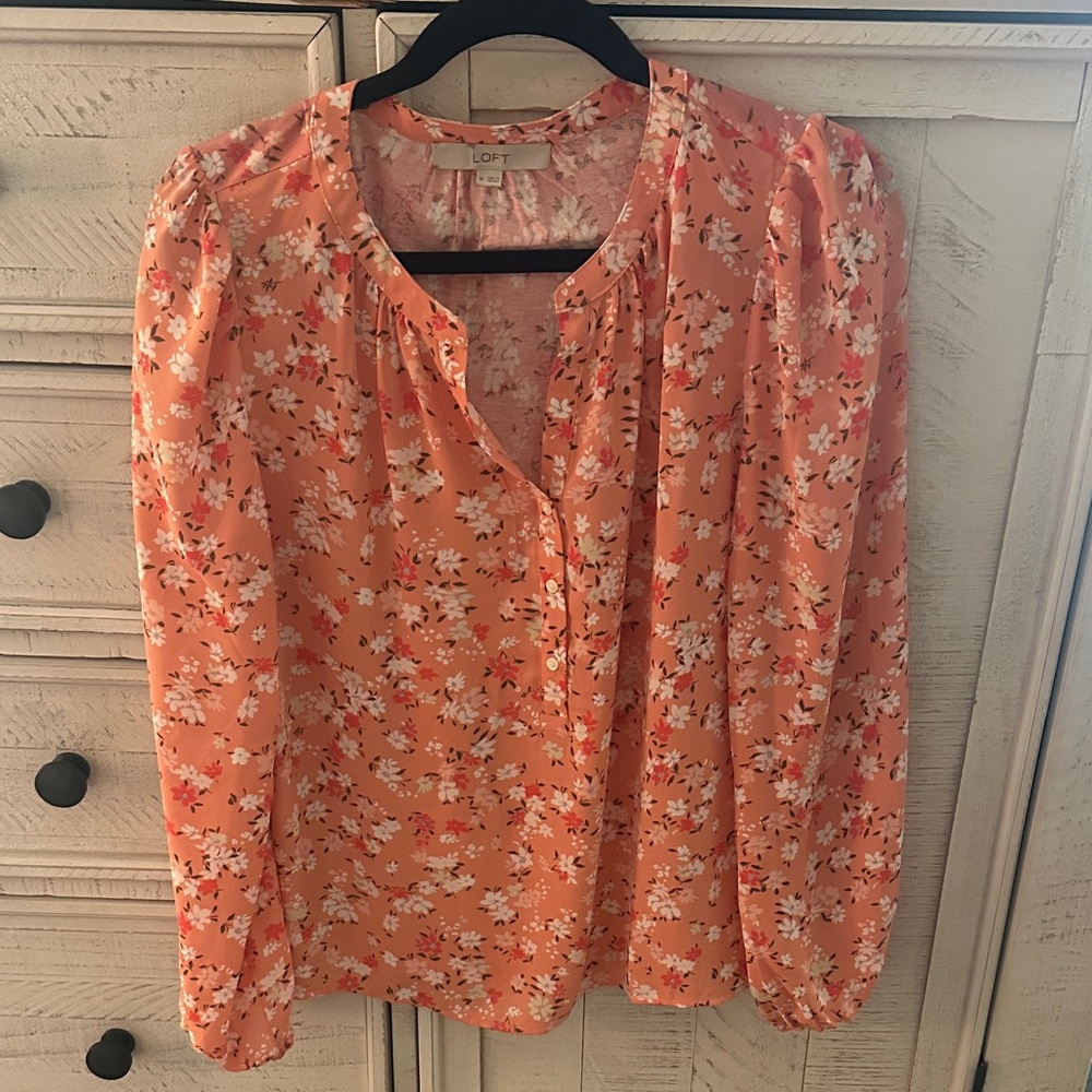 LOFT Coral Floral Print Blouse